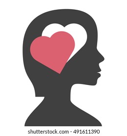 Hole in a woman's head in the shape of heart isolated on white background. Love, instinct and romance concept. Flat design. Vector illustration. EPS 8, no transparency