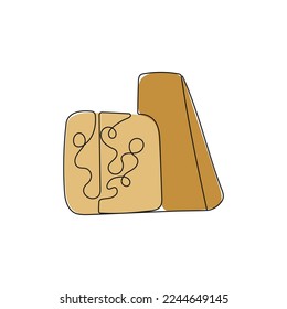 Queso amarillo aguantado en un plano continuo. Productos lácteos. Ilustración vectorial dibujada a mano.