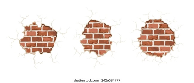 Agujeros en la pared rota y ladrillos viejos. Grietas vectoriales en conjunto de pared. Ilustración plana de dibujos animados.