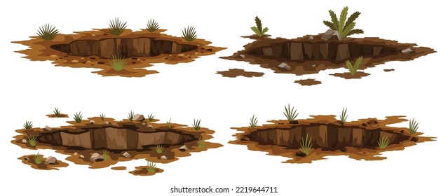 Arrojaron el suelo. Trabaja en la excavación de rocas o grava con desechos de carbón de arena. Elementos de paisaje de las minas marrones y secas. Ilustración de dibujos animados