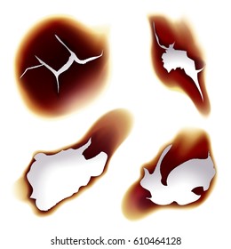 Holes on sheet of paper caused by fire, set of isolated flame on burnt or scorched piece of paper, Bright glowing page with ash, damaged or destroyed parchment. Burning and fire, flaming theme
