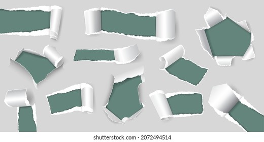 Holes in paper, bursting hole page gap with torn edge. Realistic ripped papers sheet corner, ragged white pages, rip out strips vector set. Teared and curled parts and peeling elements