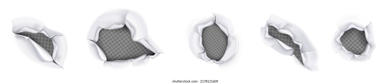 Holes in paper, pages with torn curve edges and gaps. Ripped white sheet, ragged teared and curled parts and peeling elements isolated on transparent background, Realistic 3d vector illustration, set