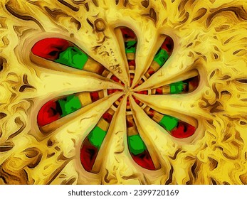 Holes in the shape of flower petals with colorful circles visible underneath