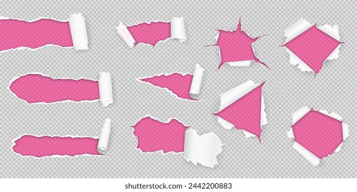 Holes in torn papers over pink backdrop realistic vector illustration set. Damaged sheets borders 3d objects on transparent background collection