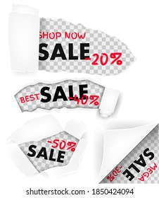 Holes in white paper with torn sides and sale text low price realistic. Torn paper template with sale. Torn a black paper background with space for text. Vector illustration