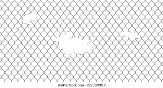 Holes in wire mesh of steel fence vector illustration. 3d realistic torn metal chains of net cage or construction barrier, broken boundary iron wires and chainlink of prison or metallic safety border.