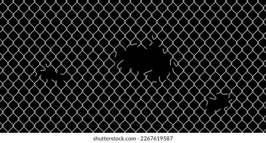 Holes in wire mesh of steel fence vector illustration. 3d realistic torn metal chains of net cage or construction barrier, broken boundary iron wires and chainlink of prison or metallic safety border.