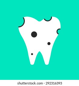 holey white tooth icon. concept of clinic, treatment, carious, stomatological clinic, implant, diagnosis of teeth. isolated on green background. flat style trend modern logo design vector illustration