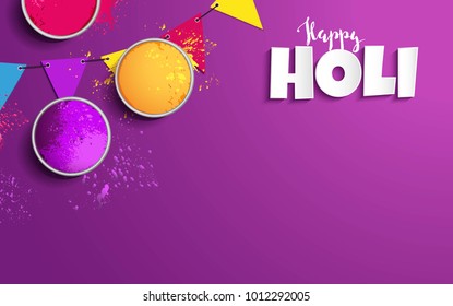 Holi background flat lay. Colorful holi powder and decorative flags on purple background. Vector illustration