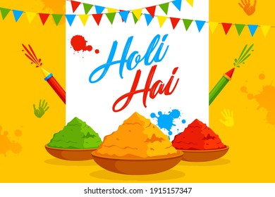 Holi background flat lay. Colorful holi powder and decorative flags on yellow background with color splash. Vector illustration