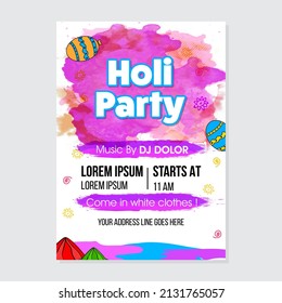 Holi Bash Flyer Design mit Balloons und Aquarelleffekt auf weißem Hintergrund.