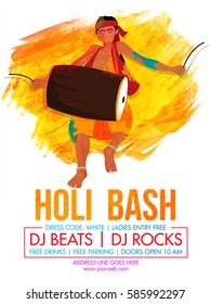 Holi Bash Party celebration Template, Banner or Flyer design with illustration of a man playing drum on abstract brush stroke background.
