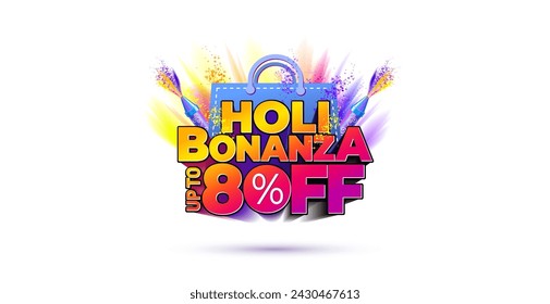 Holi bonanza 80% off 3d Text.Holi festival background with sale offer deal discount logo concept. Shopping bag and holi Color background.