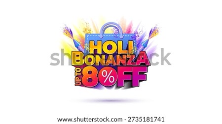 holi bonanza 80% off 3d Text. Holi festive color splash background with sale offer deal discount logo concept with shopping bag.