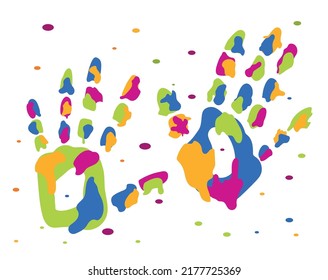 Holi celebrating abstract background with creative colorful print on human palms isometric vector illustration