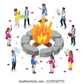 Holi celebrating isometric composition with people dancing around bonfire and showering each other with colored powder vector illustration