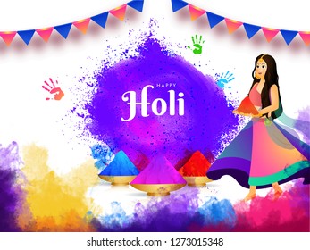 Antecedentes de la celebración de Holi, ilustración de una linda muchacha celebrando el festival de colores. Se puede usar como diseño de afiches o banners.