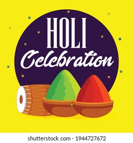 Holi Celebration card with dhol and gulaal