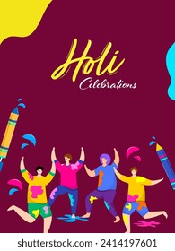 Holi Celebration Card or Template Layout with Cheerful Boy Playing Indian Festival Of Colors Character and Pichkari (Water Gun) Illustration.