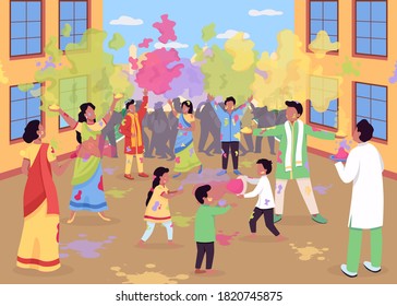 Holi celebration flat color vector illustration. Traditional religious event in India. People play with powder paint. Hindu festival. Indian 2D cartoon characters with landscape on background