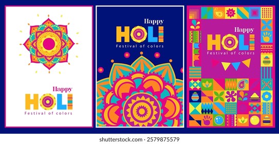 Holi celebration graphics featuring colorful geometric and traditional patterns in a bold vector style, designed for festive purposes. Isolated on a white background.