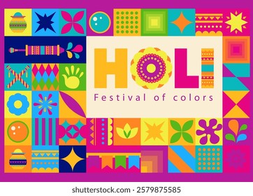 Holi celebration graphics featuring colorful geometric and traditional patterns in a bold vector style, designed for festive purposes. Isolated on a white background.