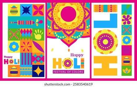 Holi celebration graphics featuring colorful geometric and traditional patterns in a bold vector style, designed for festive purposes. Isolated on a white background.