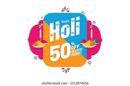 Holi celebration illustration of colorful Holi banner, poster indian Festival of Colours with 50% off offers.