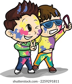 Holi Celebration, Indian festival. Young couple (Friends) Playing Holi celebration poster, banner, wallpaper. vector illustration design.