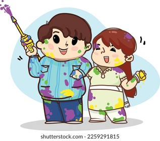 Holi Celebration, Indian festival. Young couple (Friends) Playing Holi celebration poster, banner, wallpaper. vector illustration design.