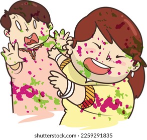 Holi Celebration, Indian festival. Young couple (Friends) Playing Holi celebration poster, banner, wallpaper. vector illustration design.