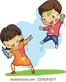 Holi Celebration, Indian festival. Young couple (Friends) Playing Holi celebration poster, banner, wallpaper. vector illustration design.