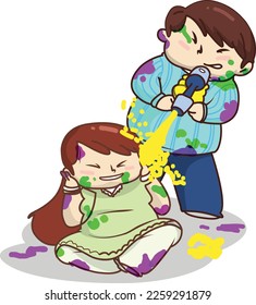 Holi Celebration, Indian festival. Young couple (Friends) Playing Holi celebration poster, banner, wallpaper. vector illustration design.