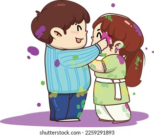 Holi Celebration, Indian festival. Young couple (Friends) Playing Holi celebration poster, banner, wallpaper. vector illustration design.