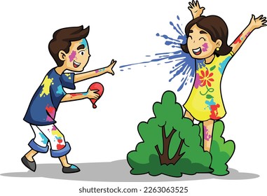 Holi Celebration, Indian festival. Young couple (Friends) Playing Holi celebration poster, banner, wallpaper. vector illustration design.