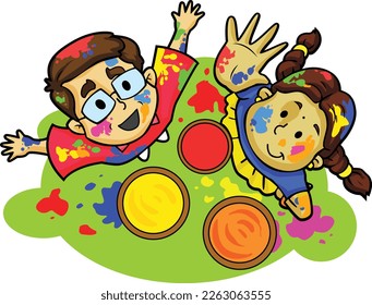 Holi Celebration, Indian festival. Young couple (Friends) Playing Holi celebration poster, banner, wallpaper. vector illustration design.