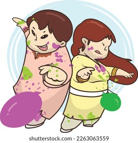 Holi Celebration, Indian festival. Young couple (Friends) Playing Holi celebration poster, banner, wallpaper. vector illustration design.