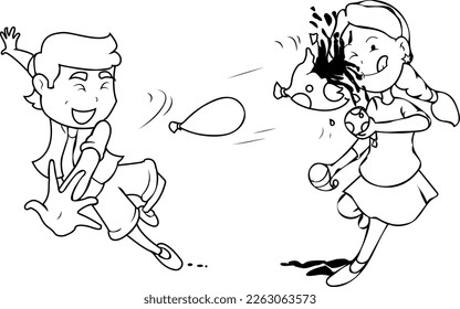 Holi Celebration, Indian festival. Young couple (Friends) Playing Holi celebration poster, banner, wallpaper. vector illustration design.