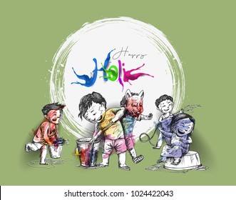 Holi celebrations - Boy playing holi with gun of pichkari isolated on colorful background, Hand Drawn Sketch Vector illustration. Holi celebrations - Boy playing holi with gun of pichkari isolated on colorful background, Hand Drawn Sketch Vector illustration.