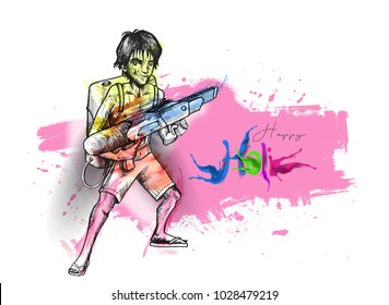 Holi celebrations - Boy playing holi with gun of pichkari isolated on colorful background, Hand Drawn Sketch Vector illustration. 