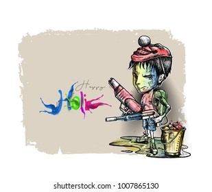 Holi celebrations - Boy playing holi isolated on colorful background, Hand Drawn Sketch Vector illustration. 