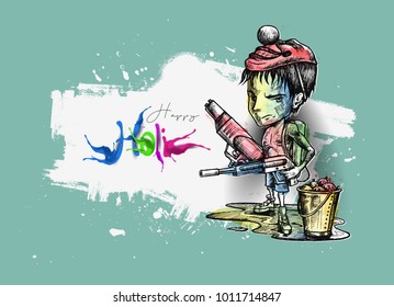 Holi celebrations - Boy playing holi isolated on colorful background, Hand Drawn Sketch Vector illustration. 