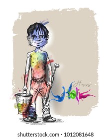 Holi celebrations - Boy playing holi isolated on colorful background, Hand Drawn Sketch Vector illustration. 