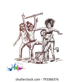 Holi celebrations - A boy playing holi isolated on black background, Hand Drawn Sketch Vector Background. 