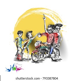 Holi celebrations - A boy playing holi isolated on black background, Hand Drawn Sketch Vector Background. 