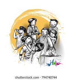 Holi celebrations - A boy playing holi isolated on black background, Hand Drawn Sketch Vector Background. 