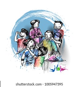 Holi celebrations - Boy's playing holi isolated on colorful background, Hand Drawn Sketch Vector illustration. Holi celebrations - Boy's playing holi isolated on colorful background, Hand Drawn Sketch Vector illustration.