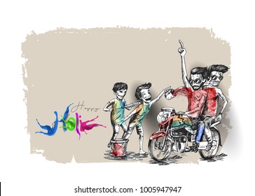 Holi celebrations - Boy's playing holi isolated on colorful background, Hand Drawn Sketch Vector illustration. Holi celebrations - Boy's playing holi isolated on colorful background, Hand Drawn Sketch Vector illustration.