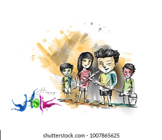 Holi celebrations - Boy's playing holi isolated on colorful background, Hand Drawn Sketch Vector illustration. Holi celebrations - Boy's playing holi isolated on colorful background, Hand Drawn Sketch Vector illustration.